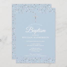 Invitación Elegante bautismo azul Christening Silver Hearts