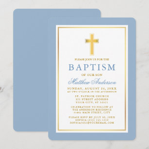 Invitación Elegante bautismo azul claro y oro