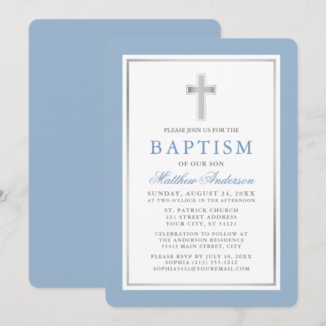 Invitación Elegante bautismo azul claro y plateado (Anverso / Reverso)