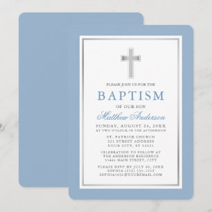 Invitación Elegante bautismo azul claro y plateado