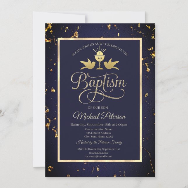 Invitación Elegante bautismo azul de la marina cáliz dorada (Anverso)