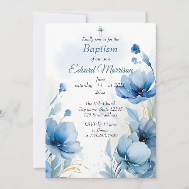 Invitación Elegante Bautismo Azul Dusto Floral (Anverso)