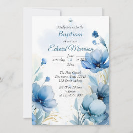 Invitación Elegante Bautismo Azul Dusto Floral