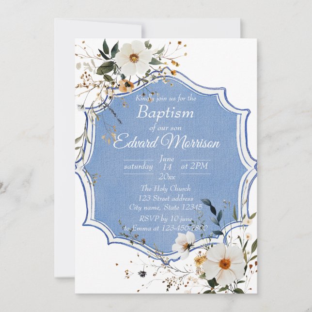 Invitación Elegante Bautismo Azul Dusto Floral (Anverso)