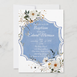 Invitación Elegante Bautismo Azul Dusto Floral