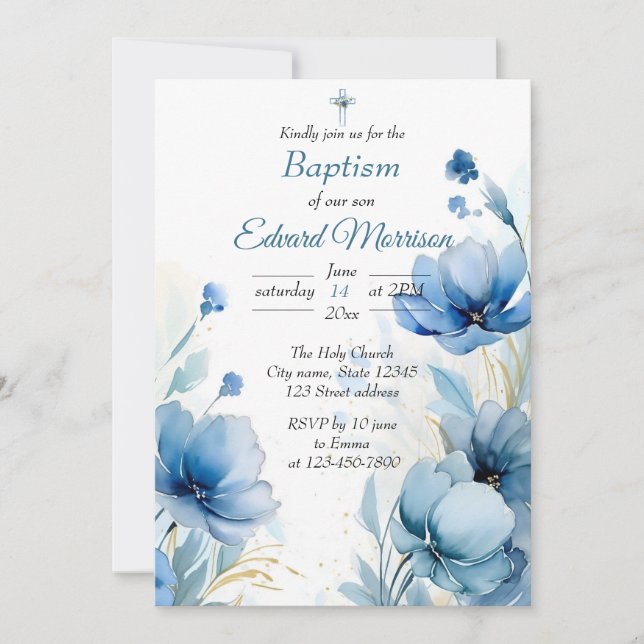 Invitación Elegante Bautismo Azul Dusto Floral (Anverso)