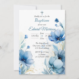 Invitación Elegante Bautismo Azul Dusto Floral