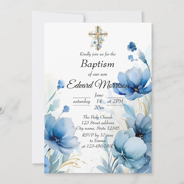 Invitación Elegante Bautismo Azul Dusto Floral (Anverso)