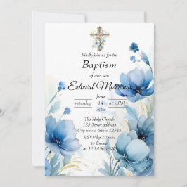 Invitación Elegante Bautismo Azul Dusto Floral