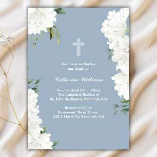 Invitación Elegante Bautismo Azul Floral Blanco Polvoriento