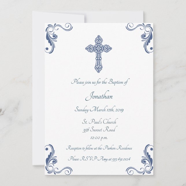 Invitación Elegante bautismo azul/invitación a la cristiandad (Anverso)