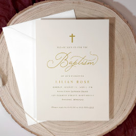 Invitación Elegante bautismo Beige Champagne Script Cross