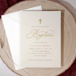 Invitación Elegante bautismo Beige Champagne Script Cross