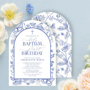 Invitación Elegante bautismo botánico azul y primer cumpleaño