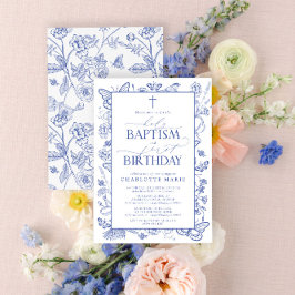 Invitación Elegante bautismo botánico azul y primer cumpleaño