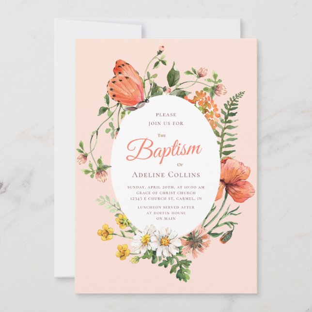 Invitación Elegante Bautismo Botánico Peach (Anverso)