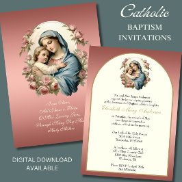 Invitación Elegante Bautismo Católico María Floral Azul