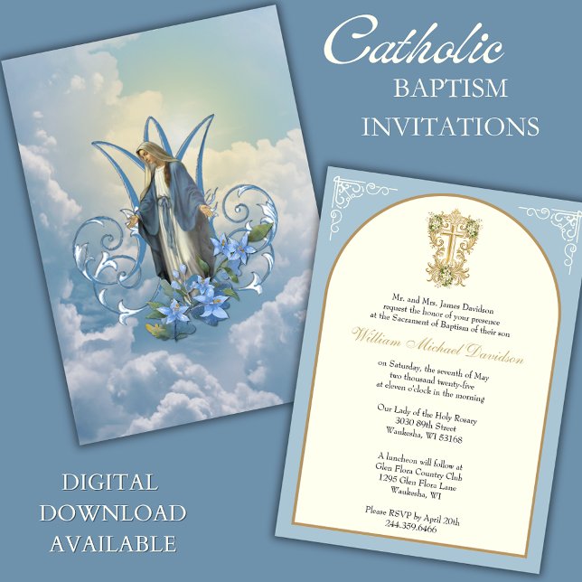 Invitación Elegante Bautismo Católico María Floral Azul (Subido por el creador)