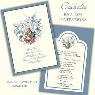 Invitación Elegante Bautismo Católico María Jesús Azul