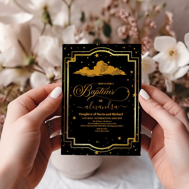 Invitación Elegante bautismo celeste de oro negro (Subido por el creador)