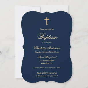 Invitación Elegante bautismo Chica con cruz de oro azul