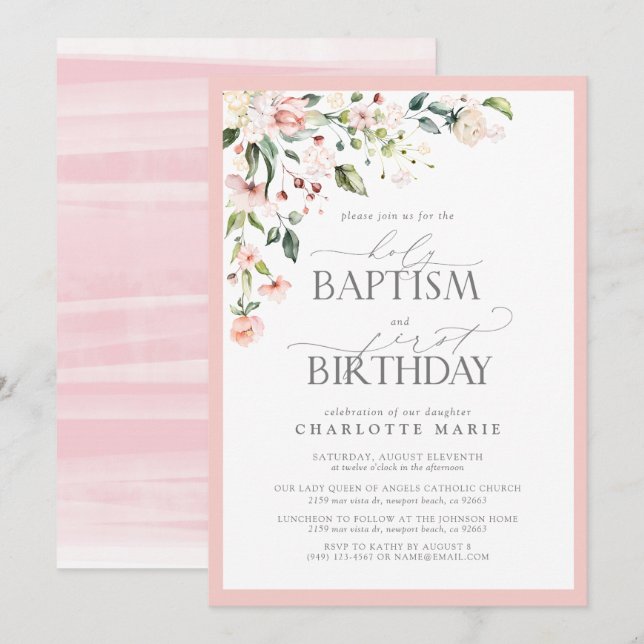 Invitación Elegante bautismo Chica con flores rosadas y prime (Anverso / Reverso)
