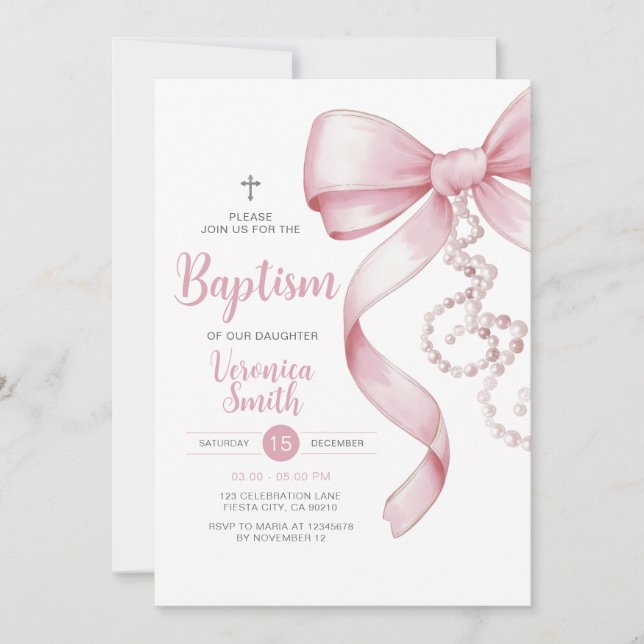 Invitación Elegante bautismo Chica cruz de collar de perlas r (Anverso)