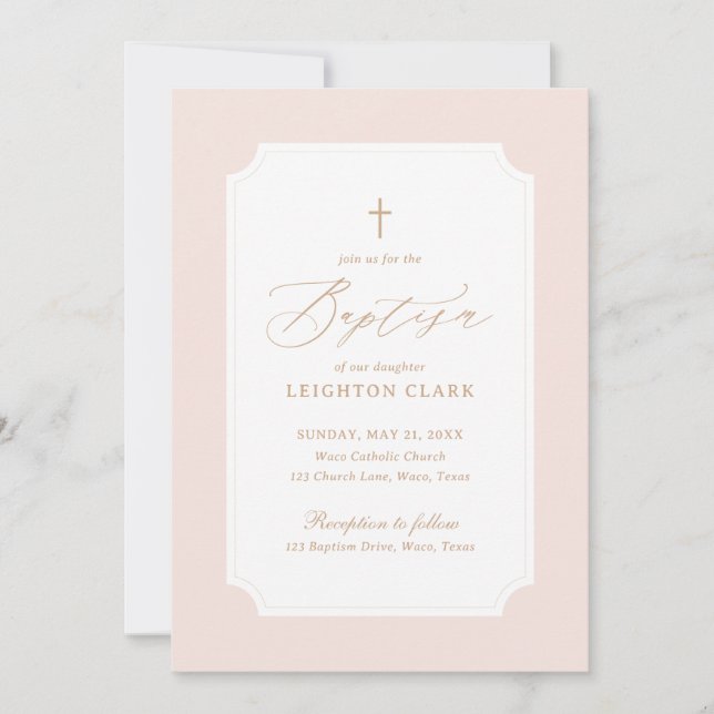 Invitación Elegante bautismo Chica cruzado de oro rosado (Anverso)
