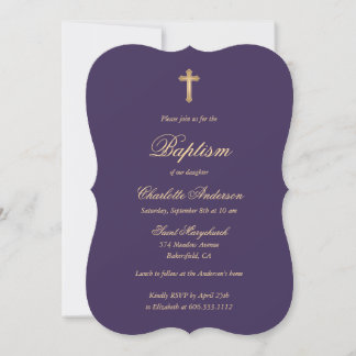 Invitación Elegante bautismo Chica de cruz de oro morado