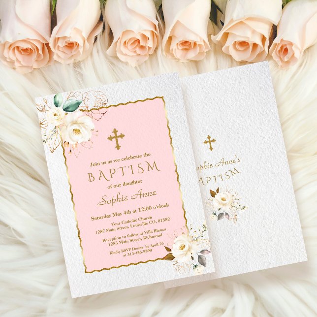 Invitación Elegante Bautismo Chica de Cruz Floral de Oro Blan (modern white flowers baptism, trendy elegant white floral gold girl baptism, floral girl baptism)