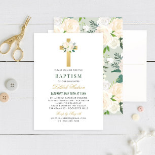 Invitación Elegante bautismo Chica de cruz floral de oro verd