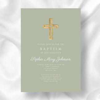 Invitación Elegante Bautismo Chica de cruz religiosa verde sa