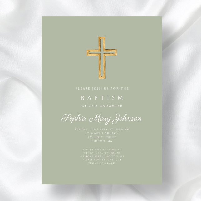 Invitación Elegante Bautismo Chica de cruz religiosa verde sa (Elegant Sage Green Religious Cross Girl Baptism Invitation)
