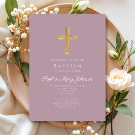 Invitación Elegante bautismo Chica de cruz violeta religiosa