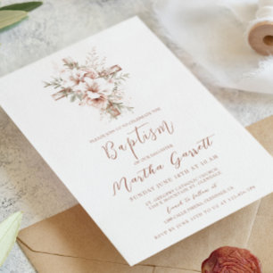Invitación Elegante Bautismo Chica De Flores Cruzadas Y Rosa