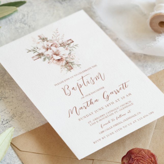 Invitación Elegante Bautismo Chica De Flores Cruzadas Y Rosa (Subido por el creador)