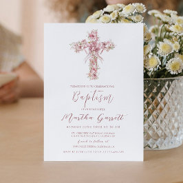 Invitación Elegante Bautismo Chica De Flores Cruzadas Y Rosa