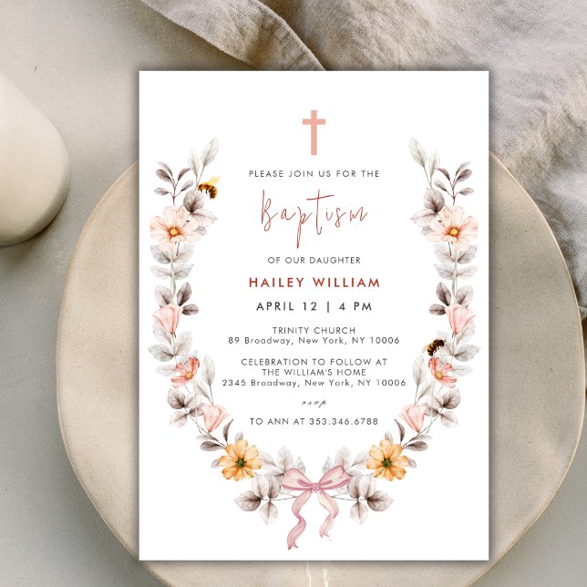 Invitación Elegante bautismo Chica de flores silvestres de Bo (Elegant Boho Wildflower Wreath Girl Baptism Invitation)