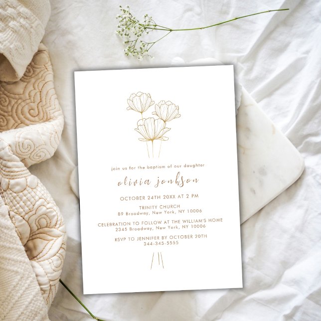 Invitación Elegante bautismo Chica de la flor dorada (Elegant Gold Flower Christening Girl Baptism Invitation)