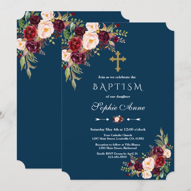 Invitación Elegante bautismo Chica de la Marina Floral de Bor (Anverso / Reverso)