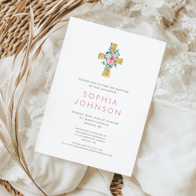 Invitación Elegante bautismo Chica floral cruz rosa (Elegant Religious Cross Pink Floral Girl Baptism Invitation)