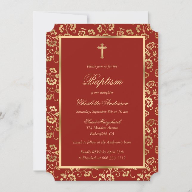 Invitación Elegante bautismo Chica floral de la Cruz Roja de  (Anverso)