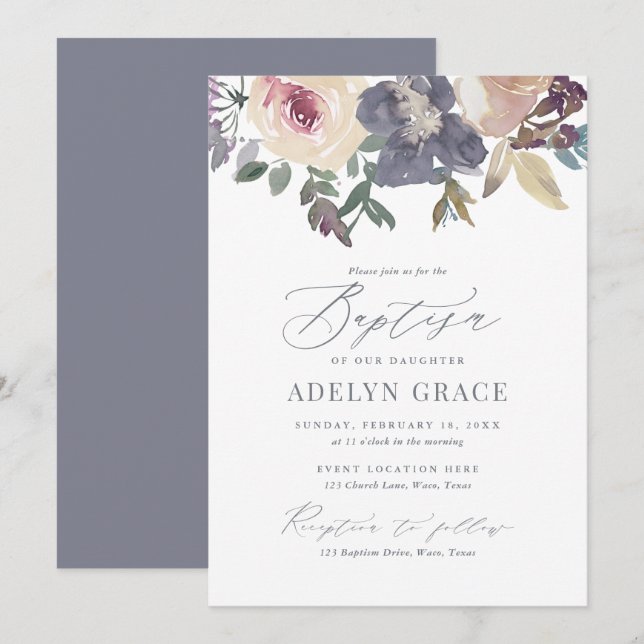 Invitación Elegante bautismo Chica floral de Rubor y Marina (Anverso / Reverso)