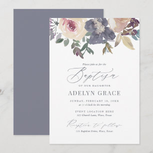 Invitación Elegante bautismo Chica floral de Rubor y Marina