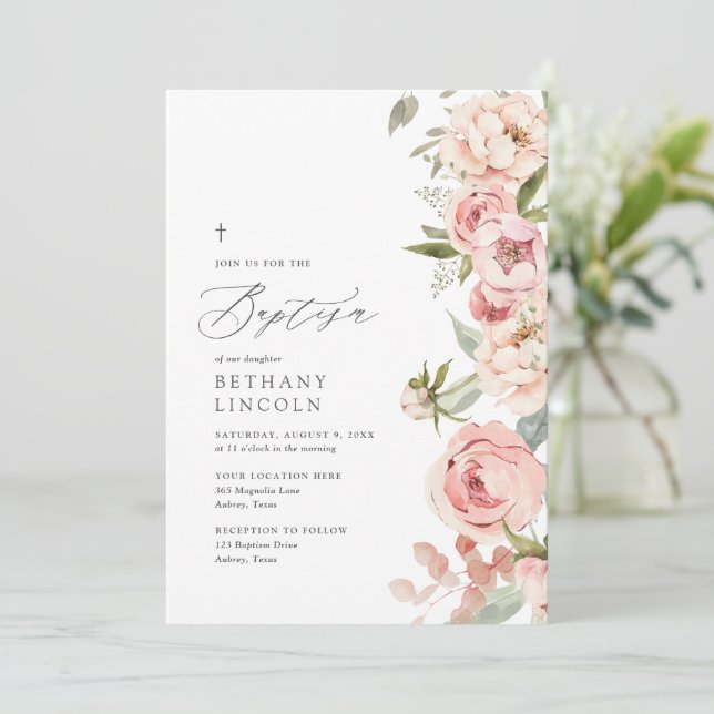 Invitación Elegante bautismo Chica floral Rosa Peonia Rosa (Anverso de pie)