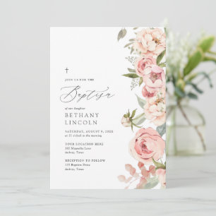 Invitación Elegante bautismo Chica floral Rosa Peonia Rosa