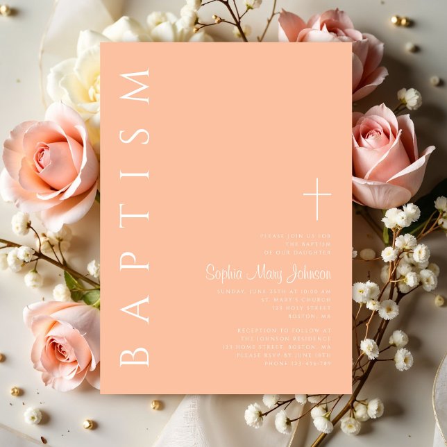 Invitación Elegante bautismo Chica religioso rosado moderno (Elegant Modern Pink Religious Cross Girl Baptism Invitation)