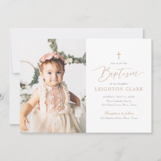 Invitación Elegante bautismo Chica rosa y dorado (Anverso)