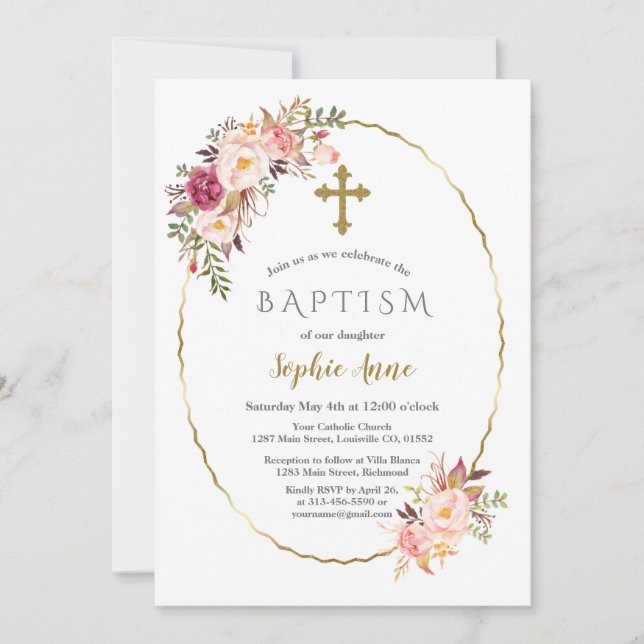 Invitación Elegante bautismo Chica Rubor Red Flowers Gold (Anverso)