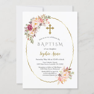 Invitación Elegante bautismo Chica Rubor Red Flowers Gold